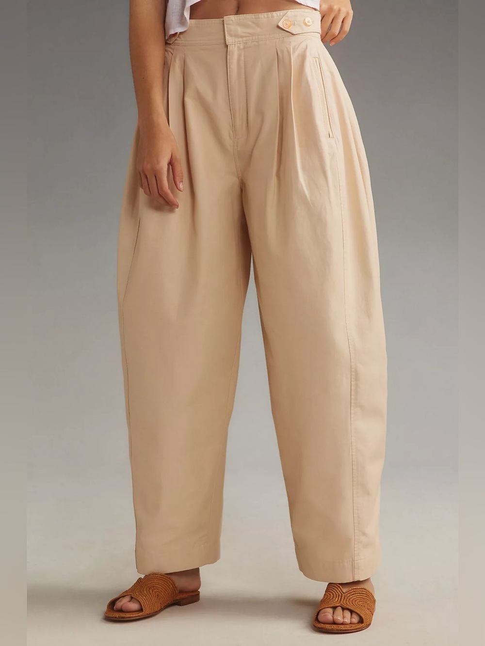 Anthropologie Maeve Utility Barrel Trouser Pants Pleated Beige Tan Size 10